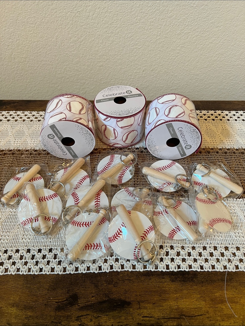 3 White & Red Wired Baseball Ribbon Rolls with 12 Baseball Keychains